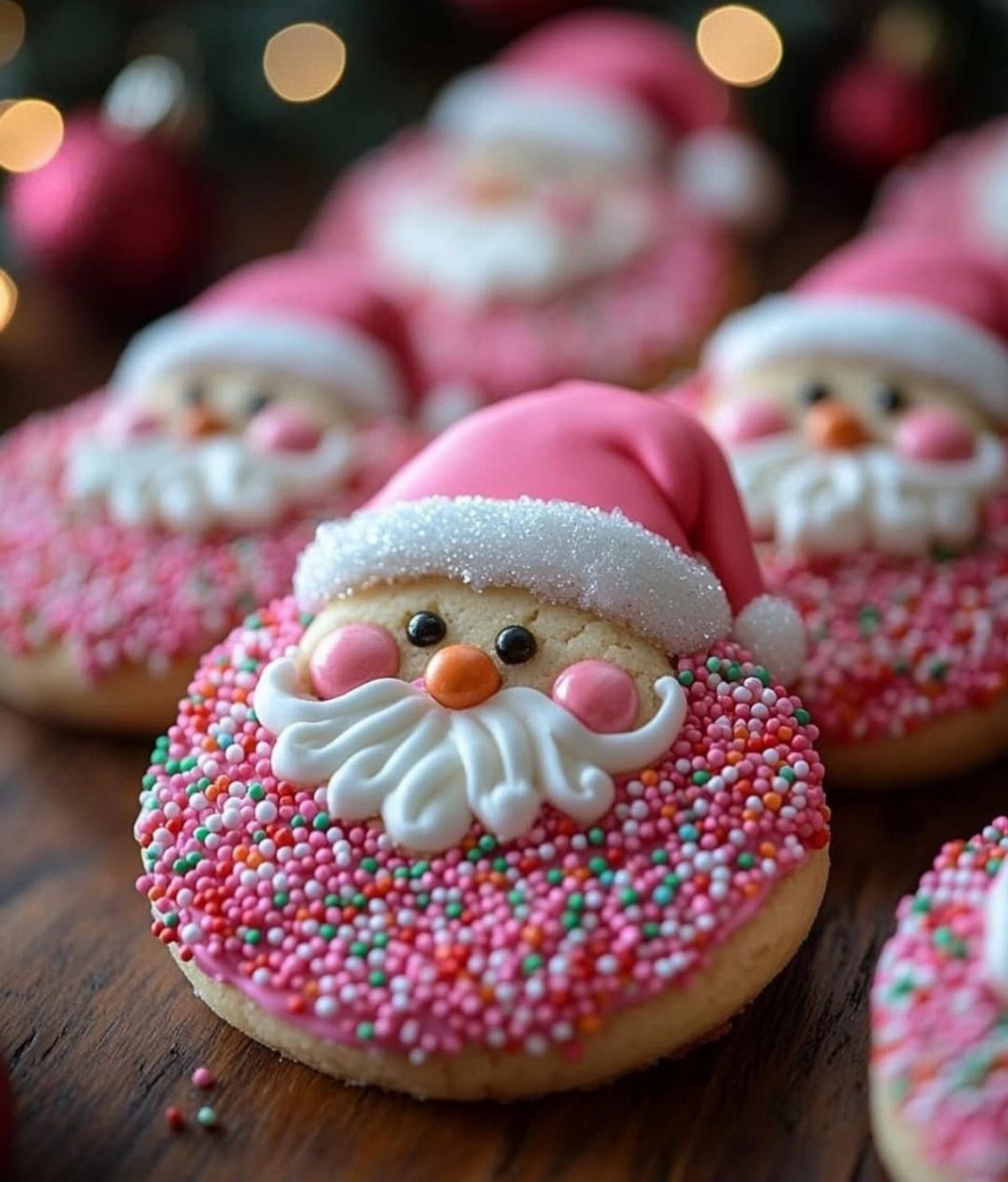 Santa shaped cookies decorated with pink icing and sprinkles on a wooden table