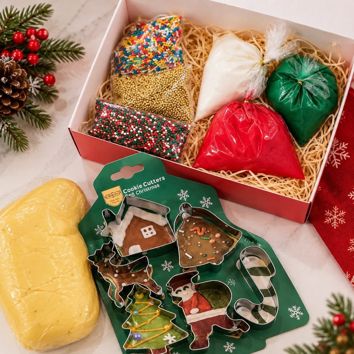 Cookie baking kit with festive cutters, colorful sprinkles, icing, and raw dough.