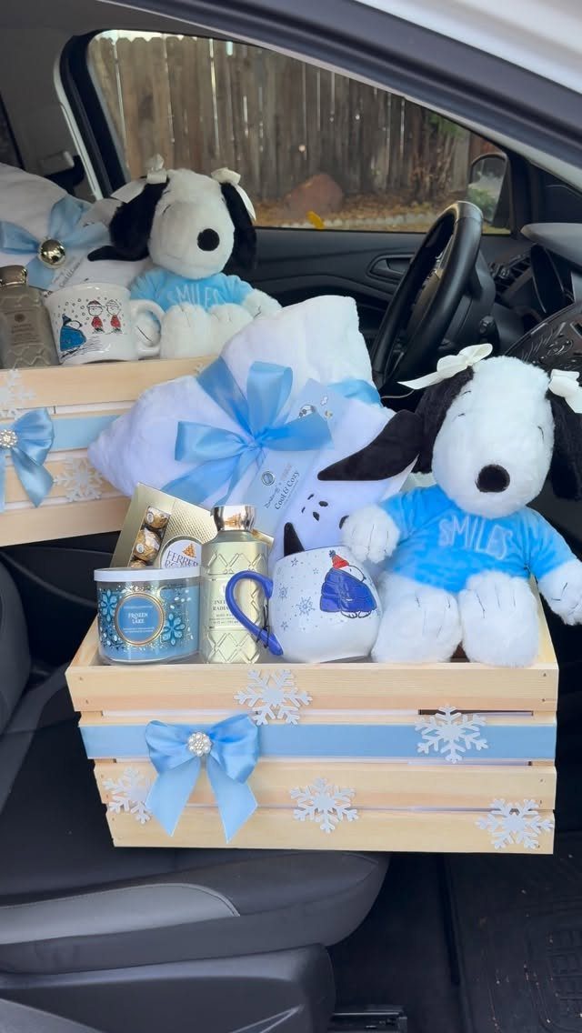 Wooden gift baskets with Snoopy plushies and blue accessories inside a car