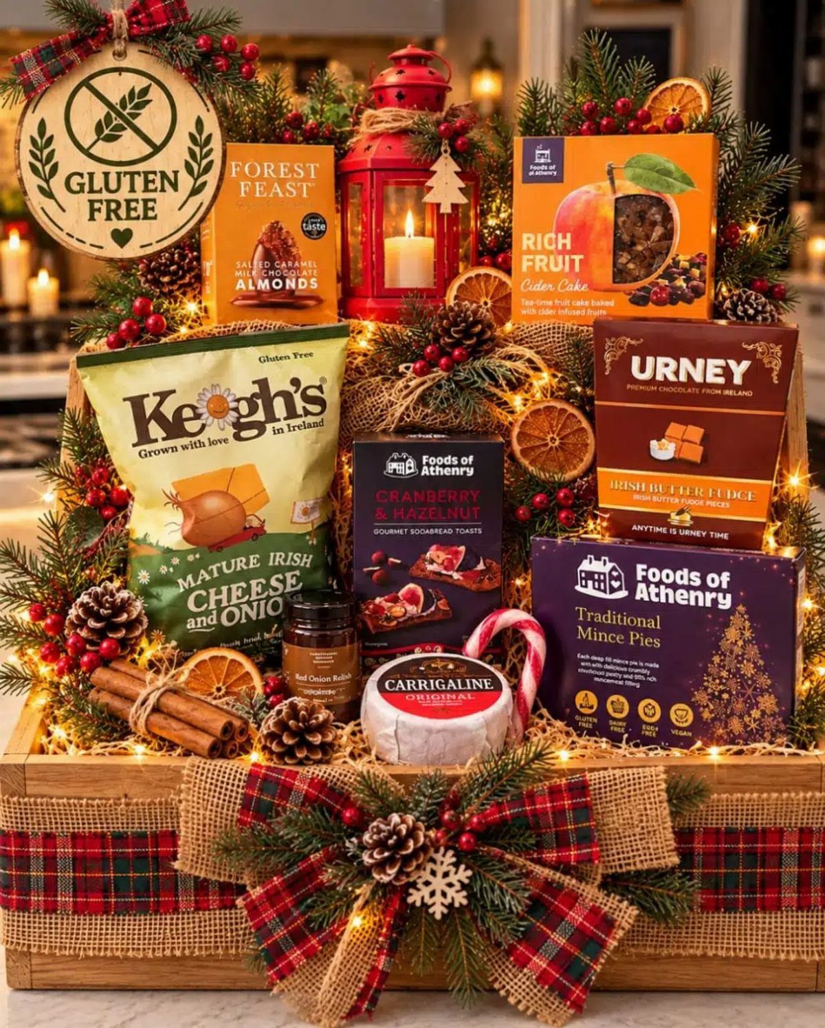 Wooden gift crate filled with gourmet snacks, chocolates, and festive holiday decorations.