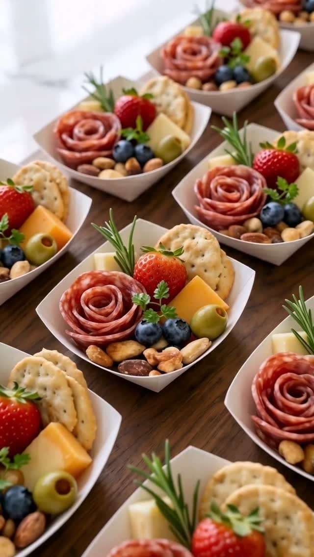 Charcuterie snack bowls with salami roses, fresh berries, cheese, and mixed nuts.
