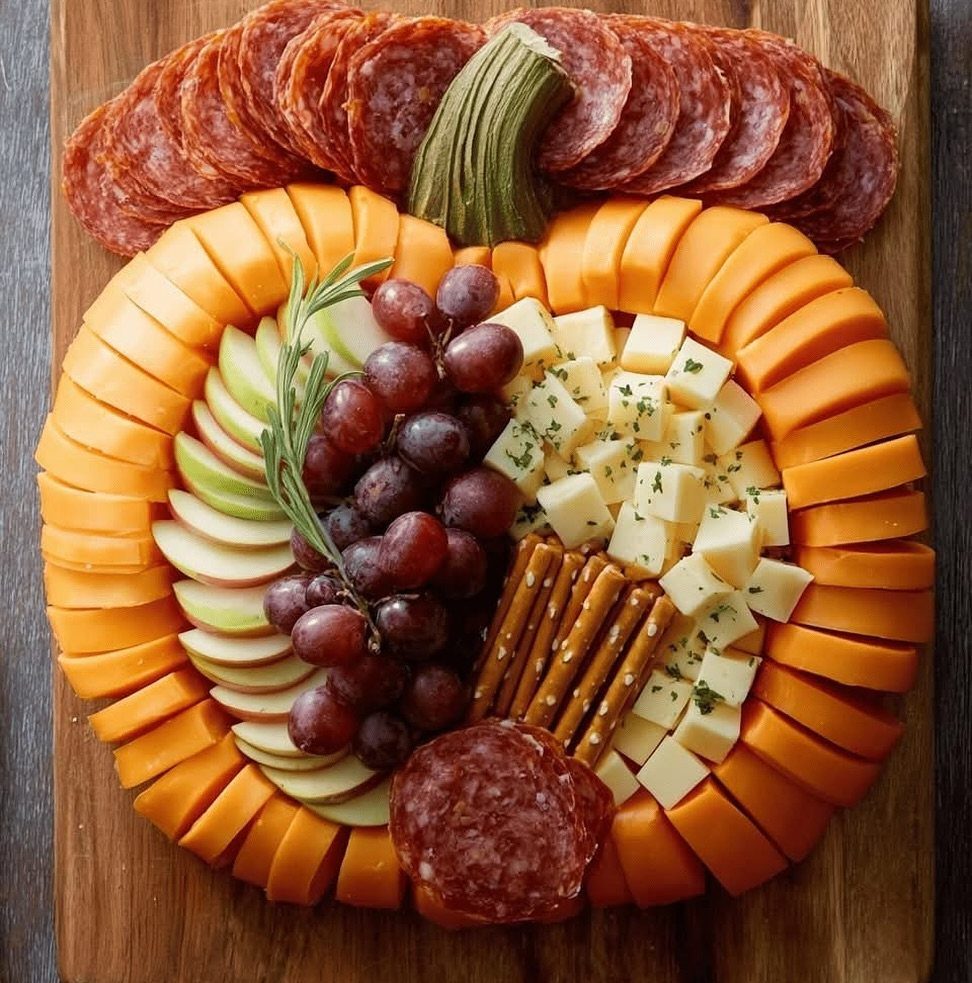 Pumpkin-shaped charcuterie board with cheddar cheese, grapes, apples, and salami on wood.