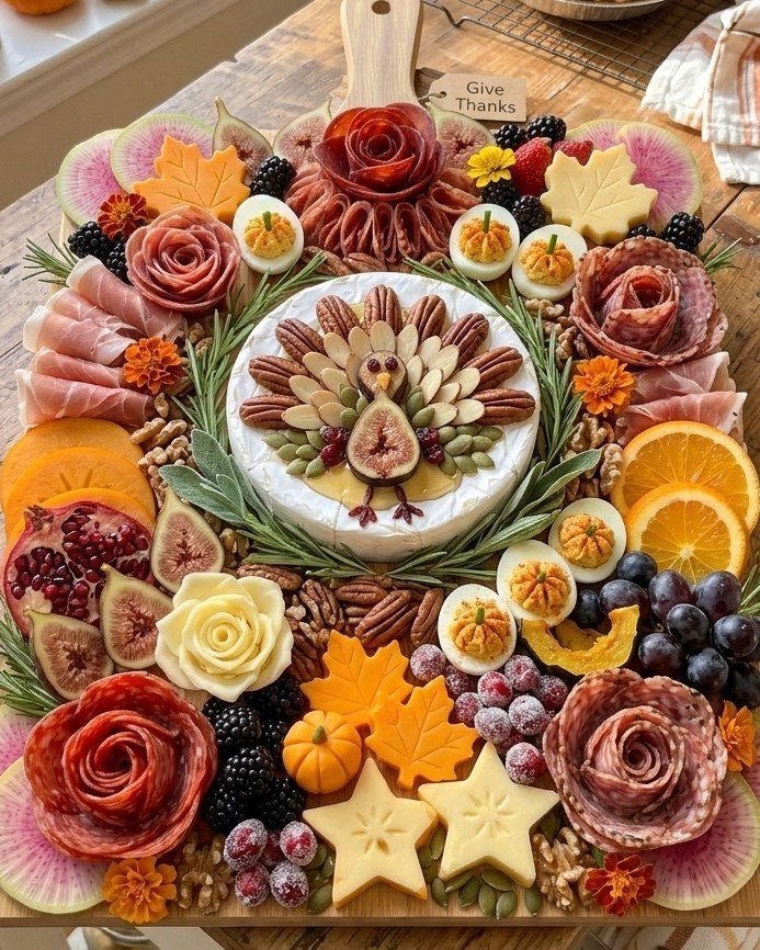 Thanksgiving charcuterie board with a turkey-shaped brie wheel and seasonal fruits and meats.