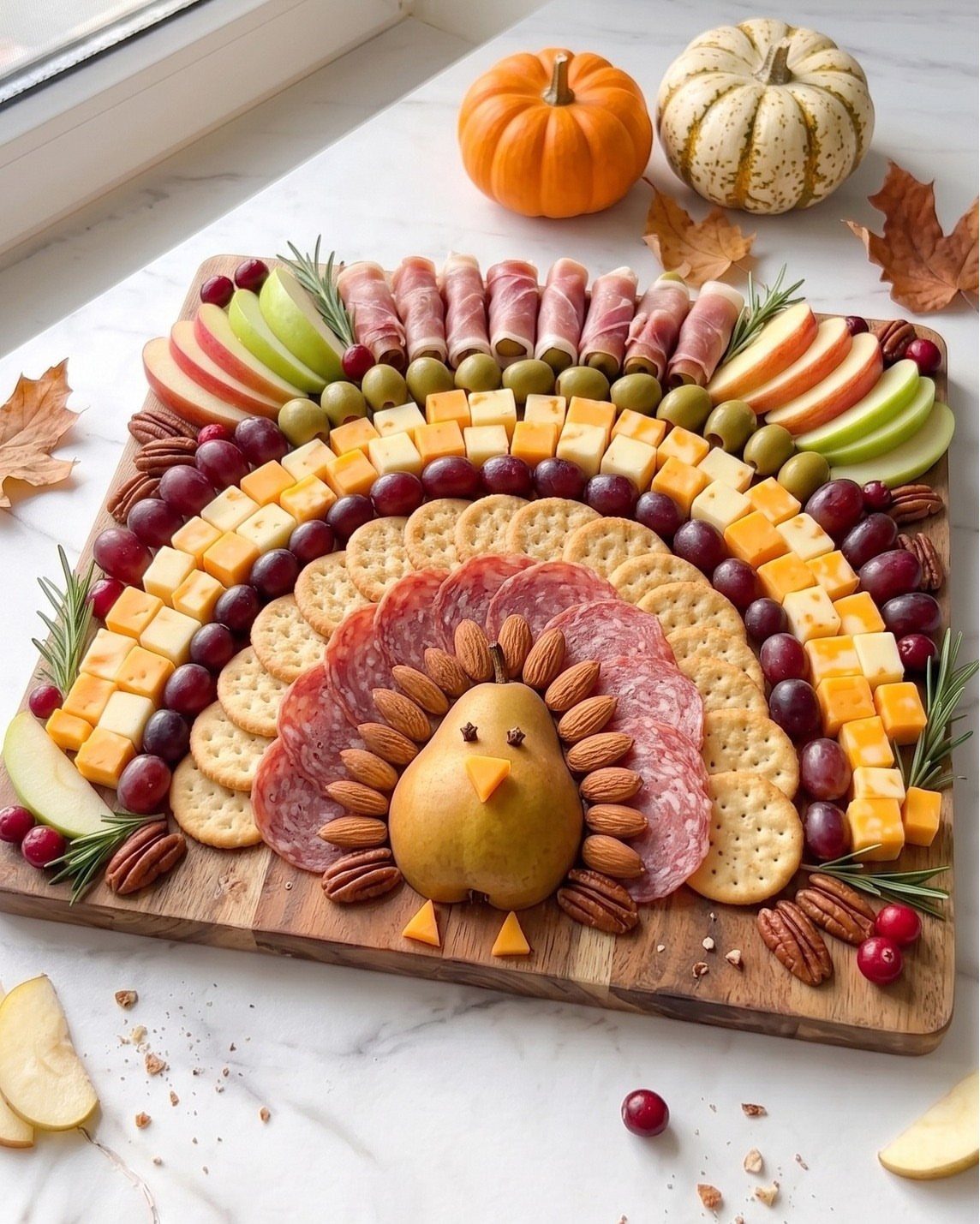 Turkey-shaped charcuterie board with salami, cheese, and fruit on a marble surface.