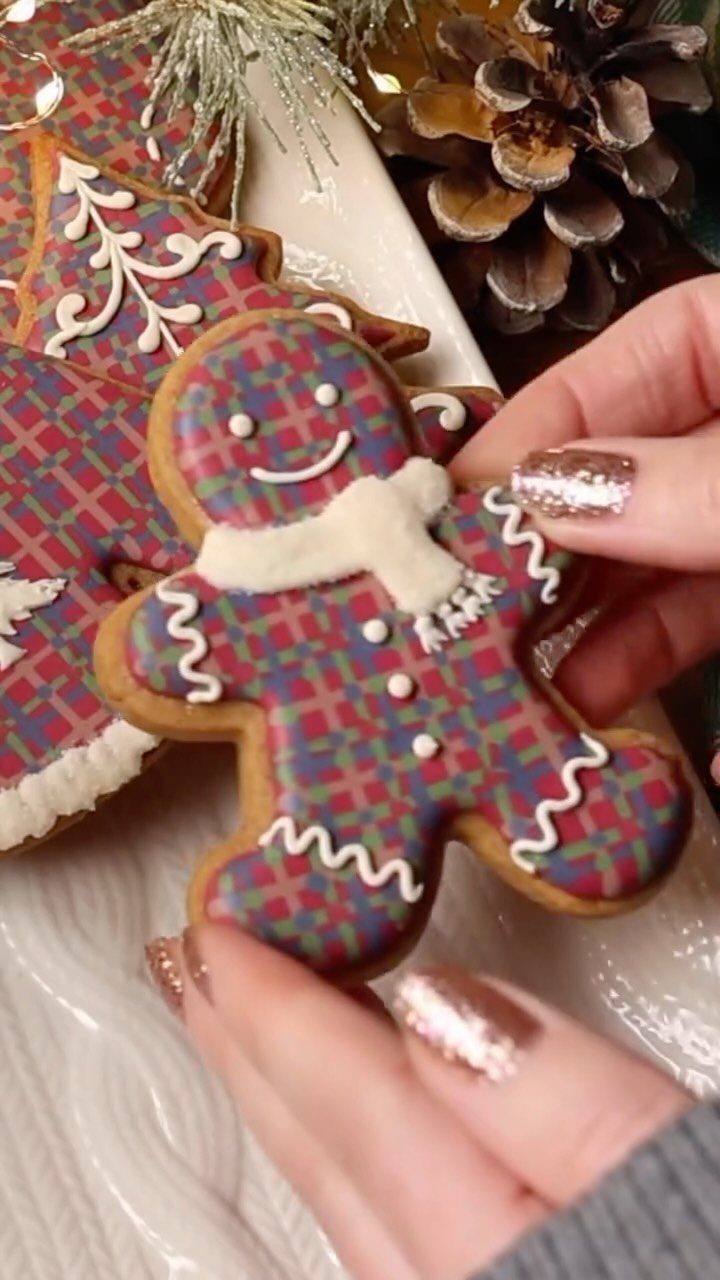 Gingerbread man cookie with plaid icing and a white scarf held by hands.