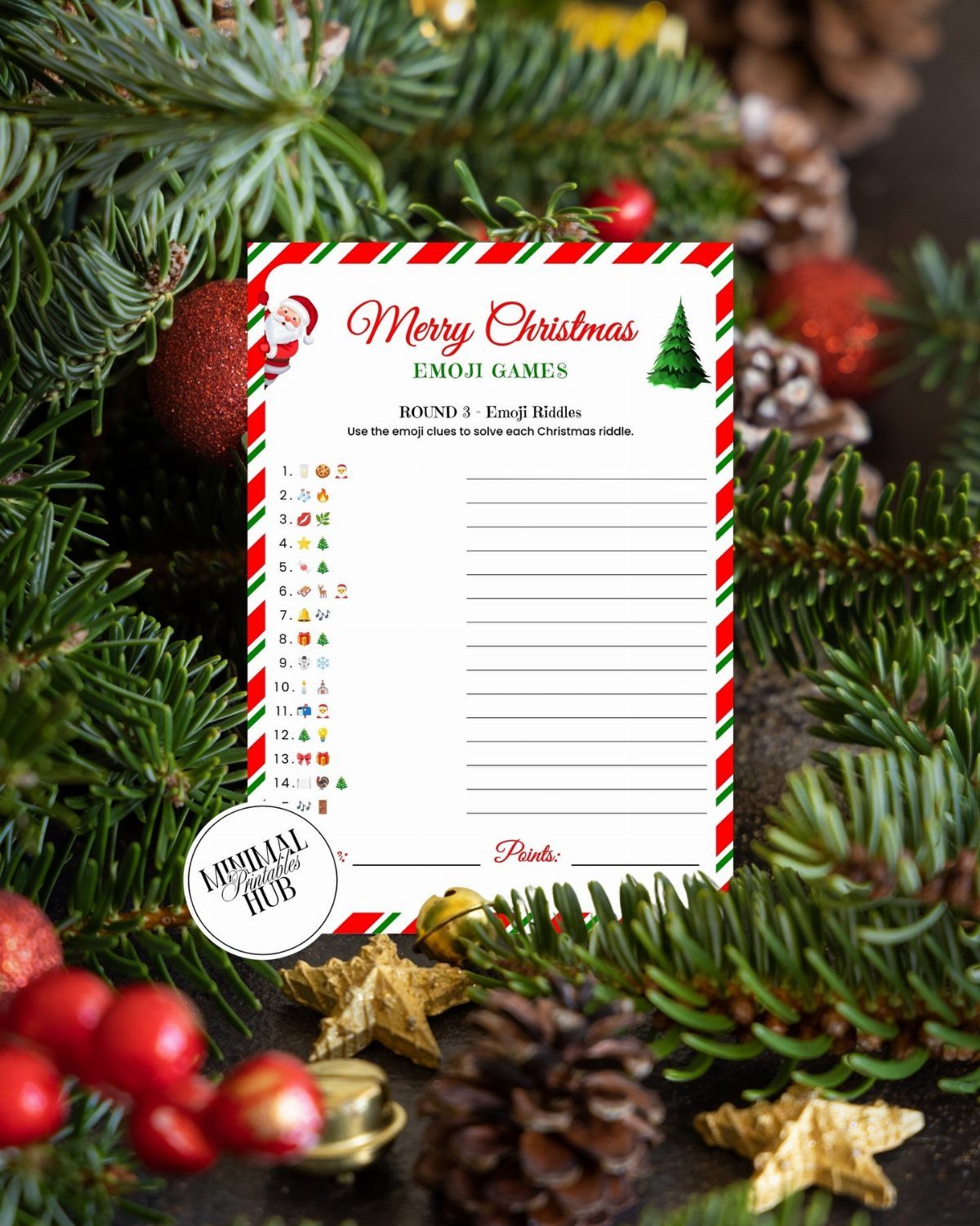 Christmas emoji game worksheet surrounded by pine branches, red ornaments, and pinecones.