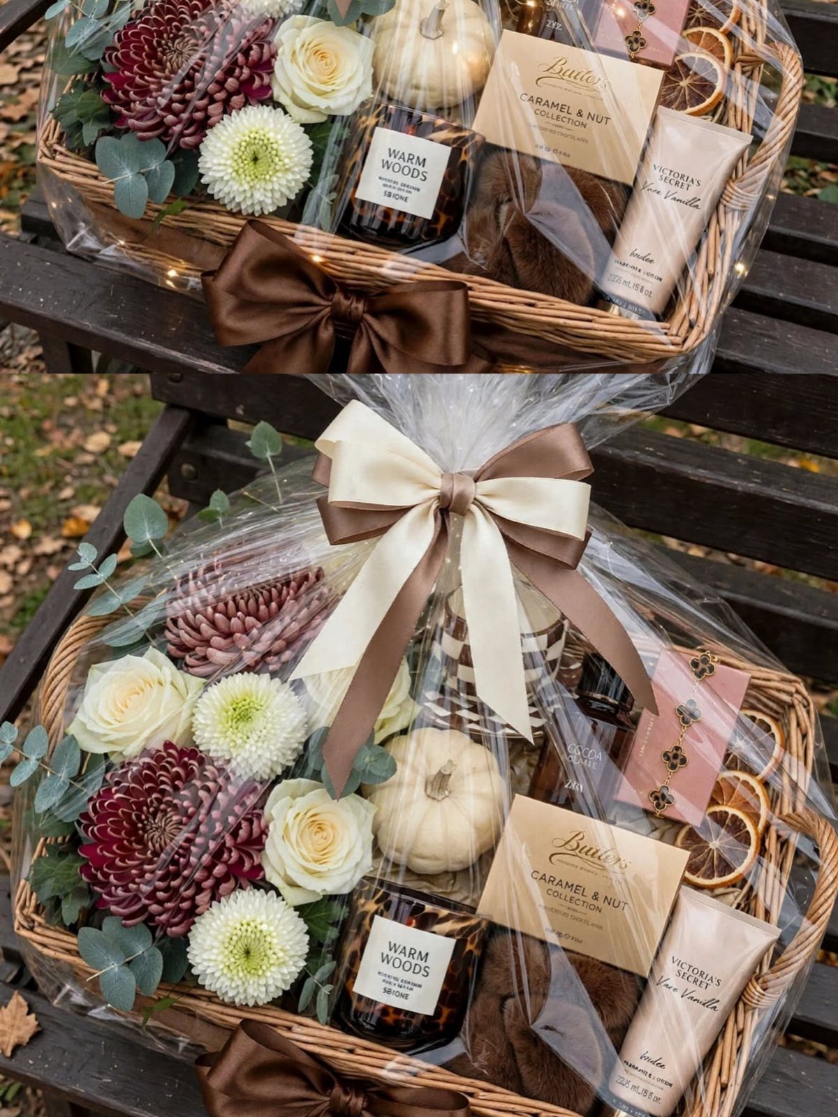 Wicker gift baskets with autumn flowers, a small pumpkin, and scented candles.