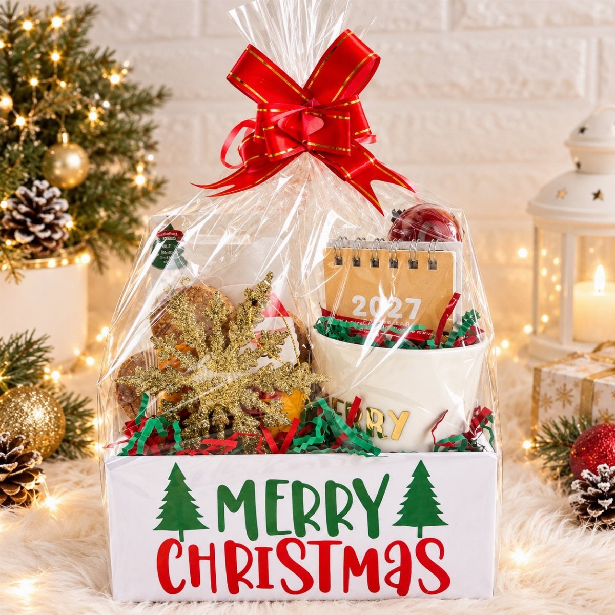Christmas gift basket with a white mug, calendar, and ornaments in a festive box.