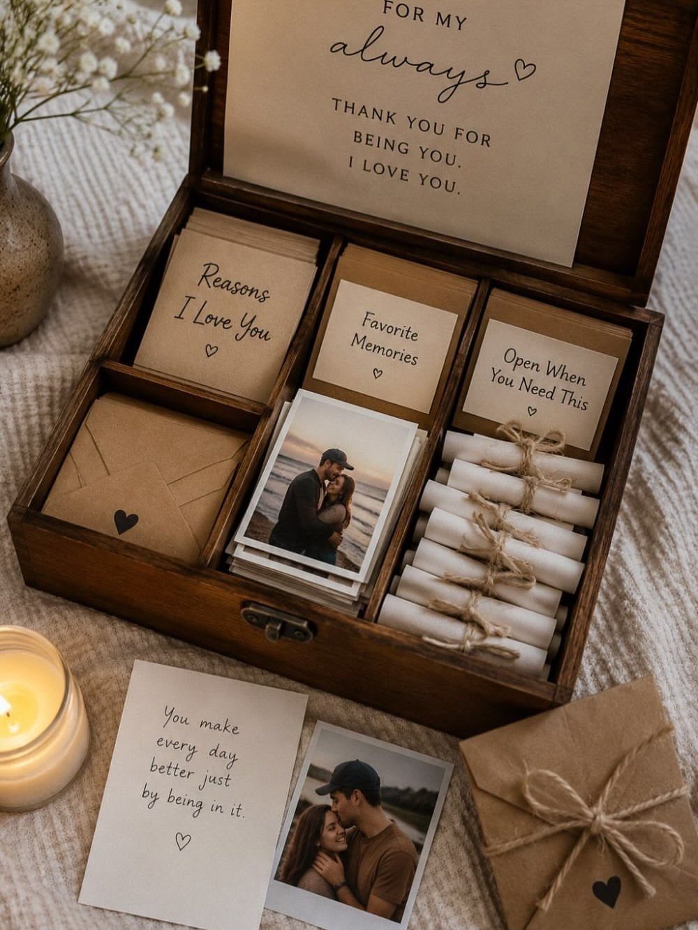 Wooden personalized gift box with love notes, photos of a couple, and scrolls.