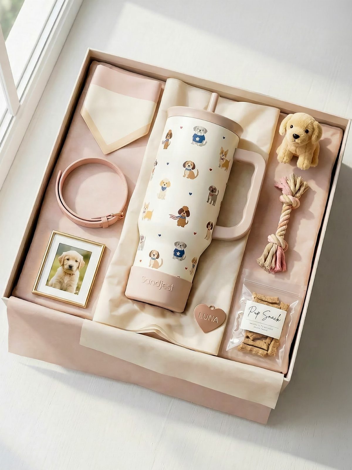 Dog-themed gift set in a pink box with tumbler, toys, and treats.