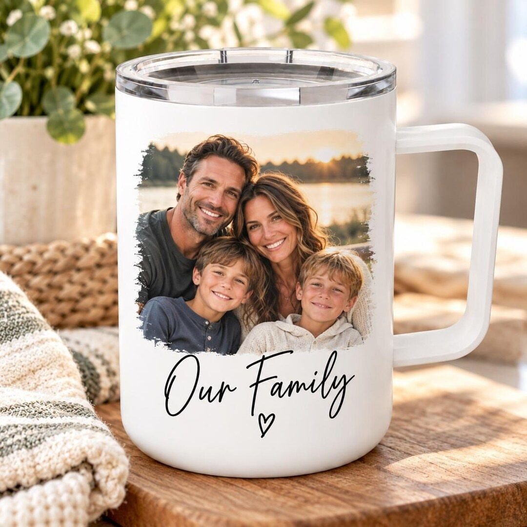 White travel mug featuring a printed family photo and the words Our Family.