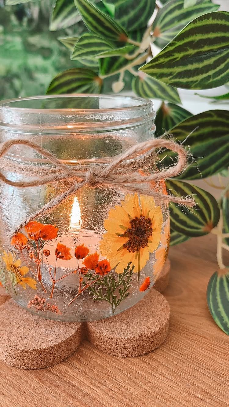 Pressed flower candle in a mason jar with twine bow on cork coasters