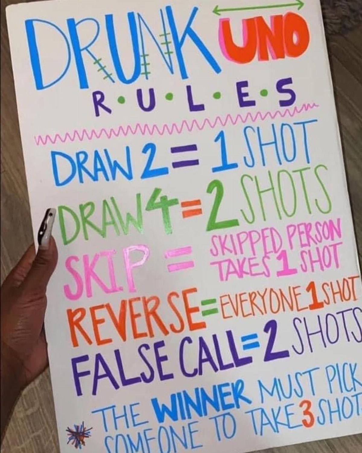 Hand holding a colorful poster listing drinking rules for a game of Uno.