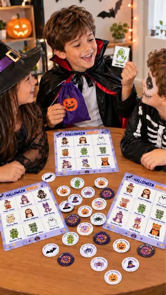 Children in costumes playing Halloween Bingo with themed cards and markers on a table