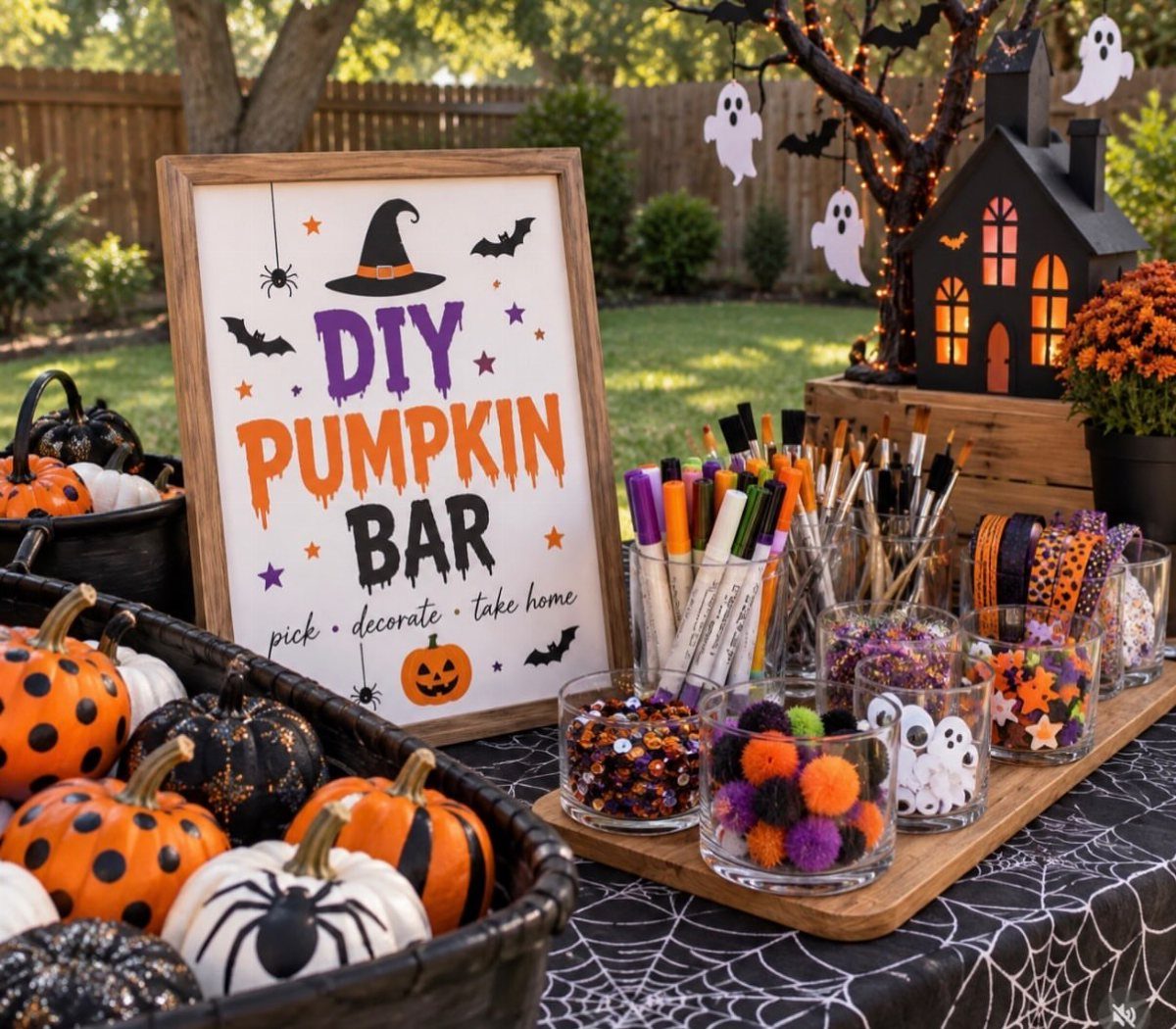 DIY pumpkin bar setup with painted pumpkins, craft supplies, and Halloween decorations outdoors.