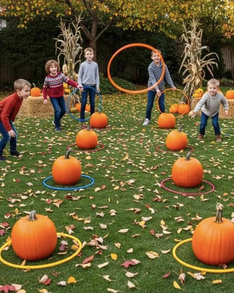 Children playing a pumpkin ring toss game on a leaf-covered autumn lawn.