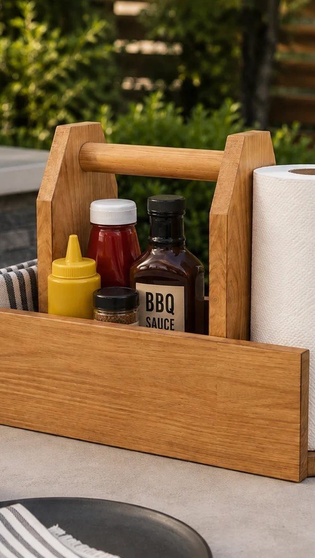 Wooden caddy holding BBQ sauce, condiments, and paper towels on an outdoor table