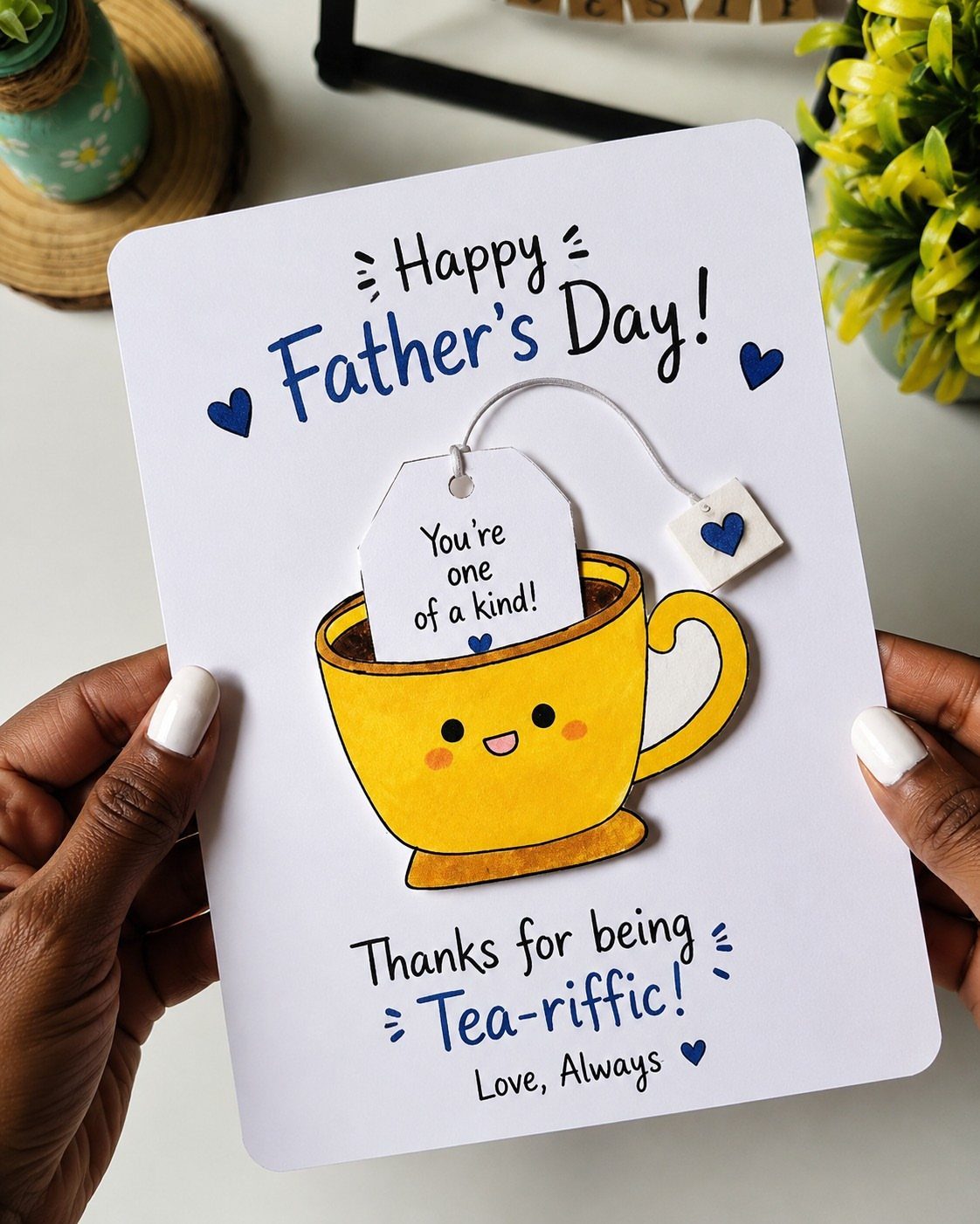 Handmade Father's Day card with a cute yellow tea cup and tea bag tag