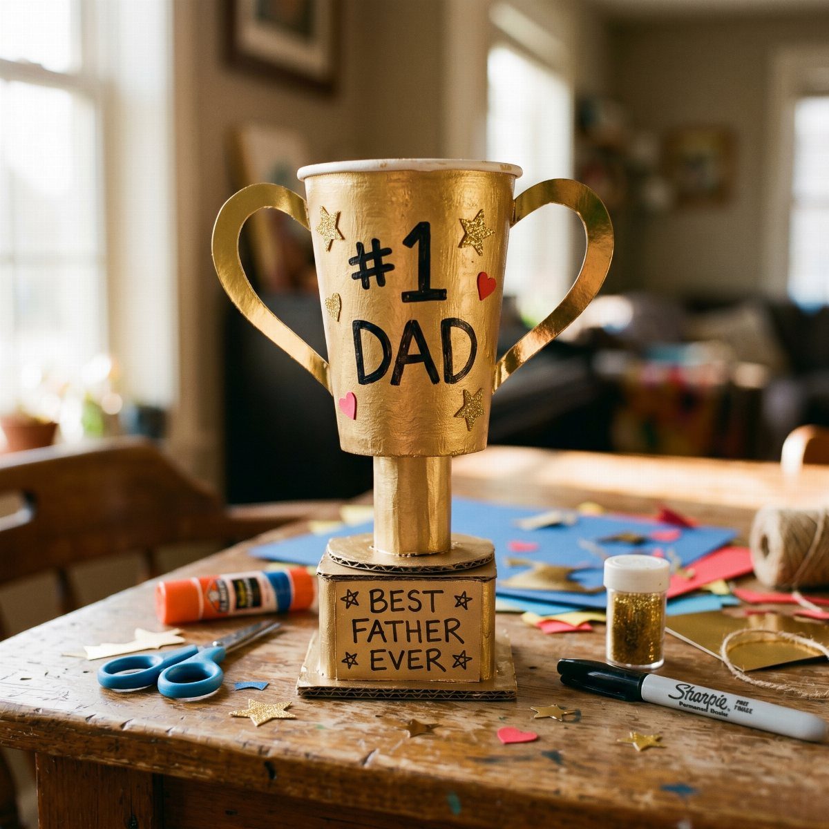 Gold handmade trophy for dad on a wooden table with craft supplies