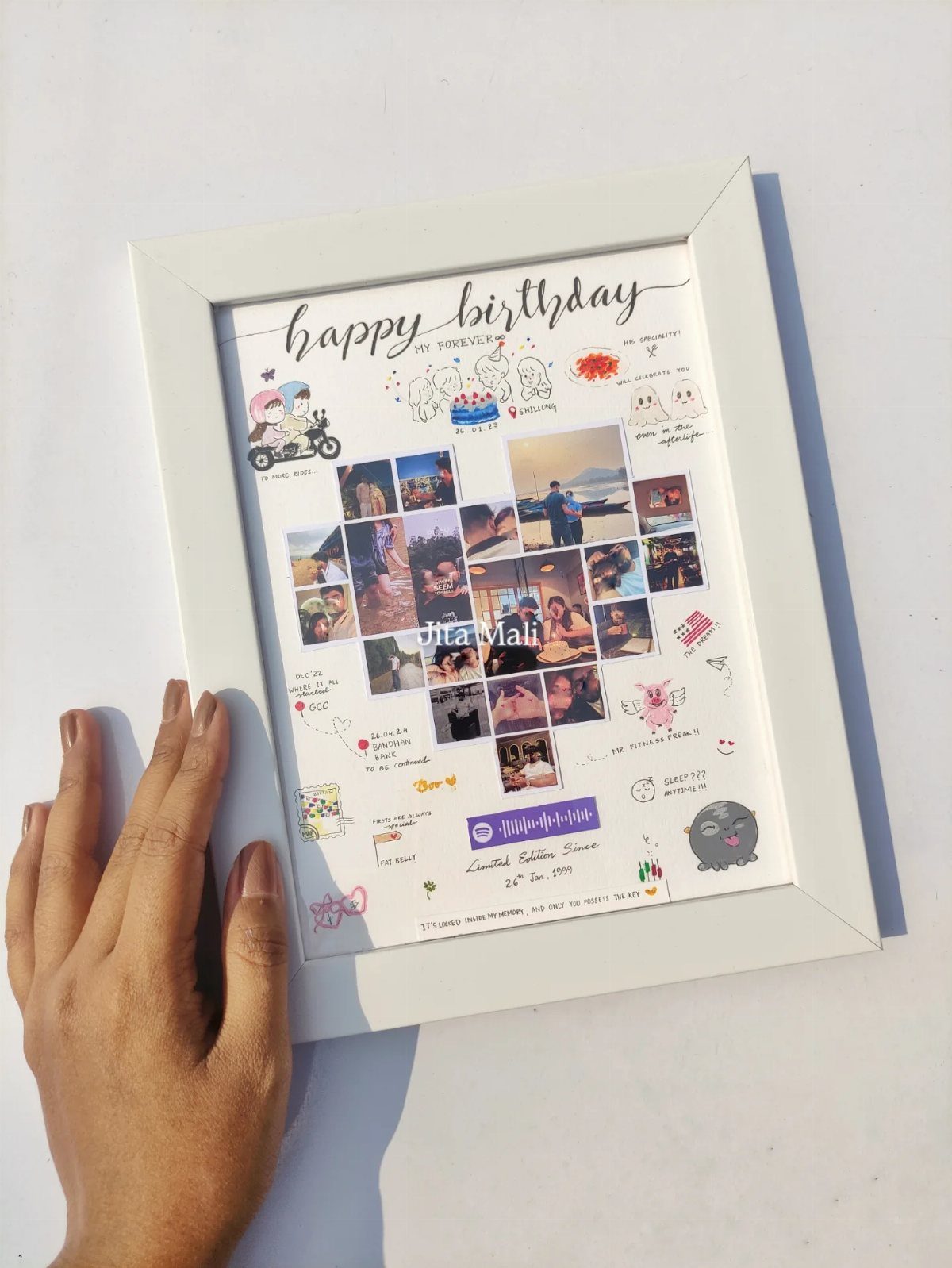 Framed birthday photo collage with handwritten notes and doodles on white background
