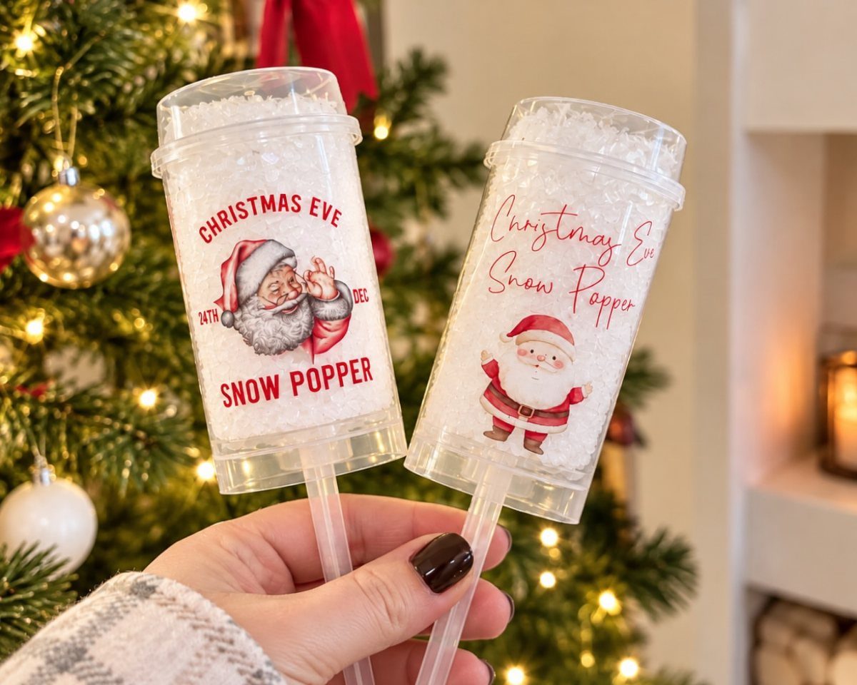Two clear plastic snow poppers with Santa labels held against a Christmas tree.