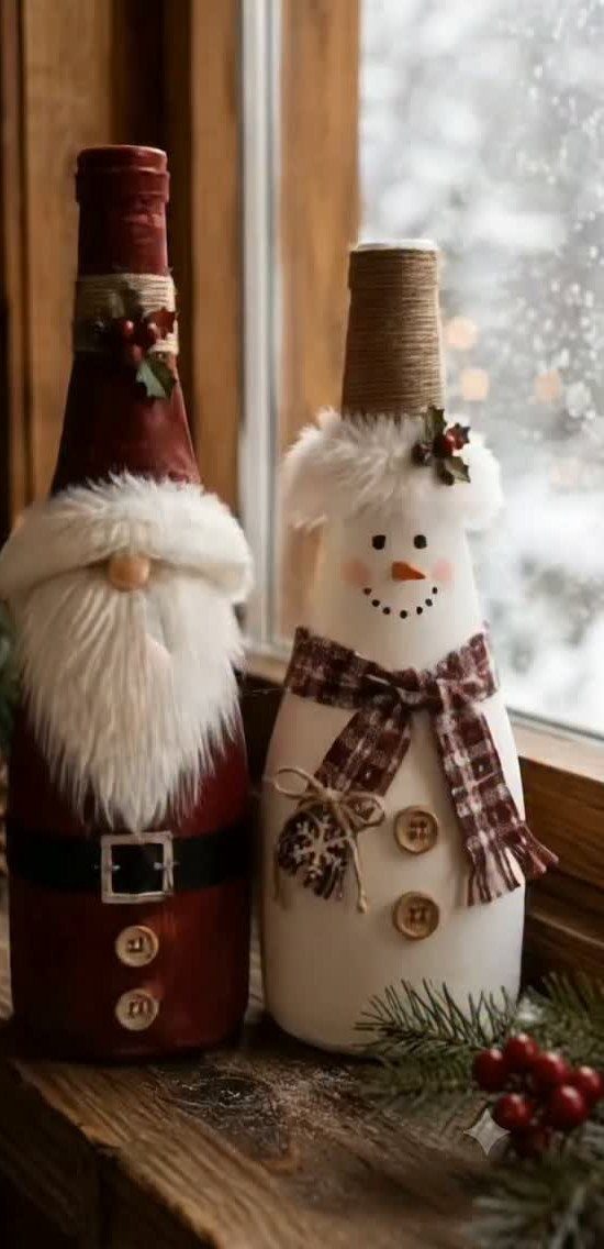 Wine bottles decorated as Santa Claus and a snowman on a wooden windowsill