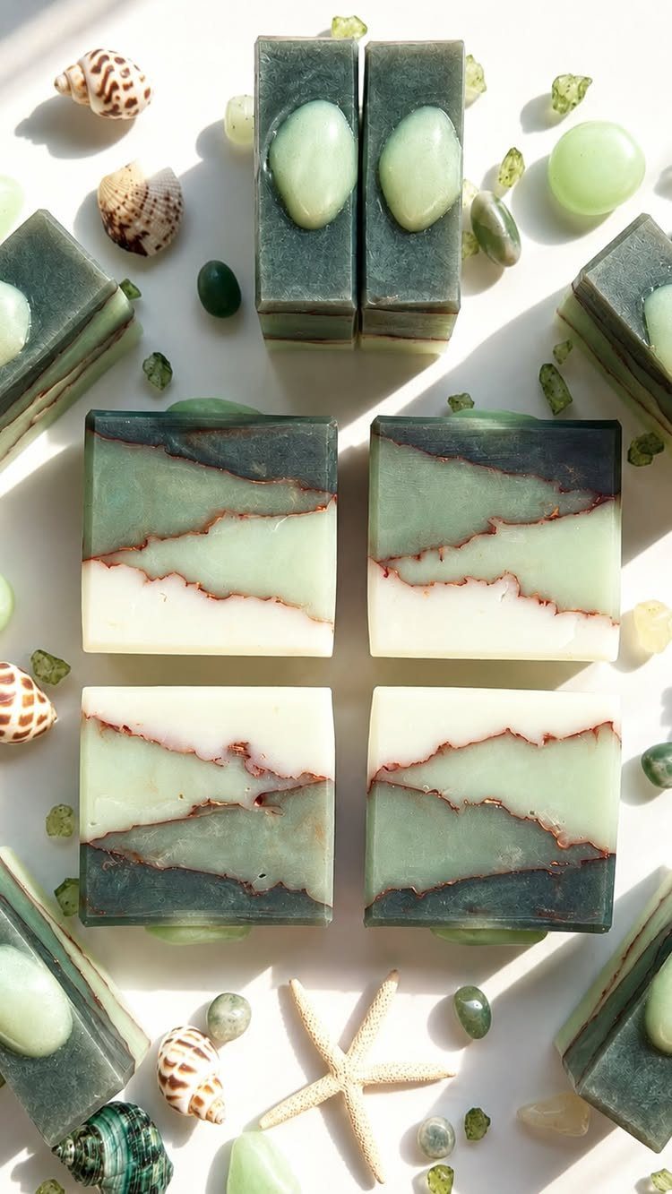 Handmade layered soaps in green and white tones with seashells and a starfish.