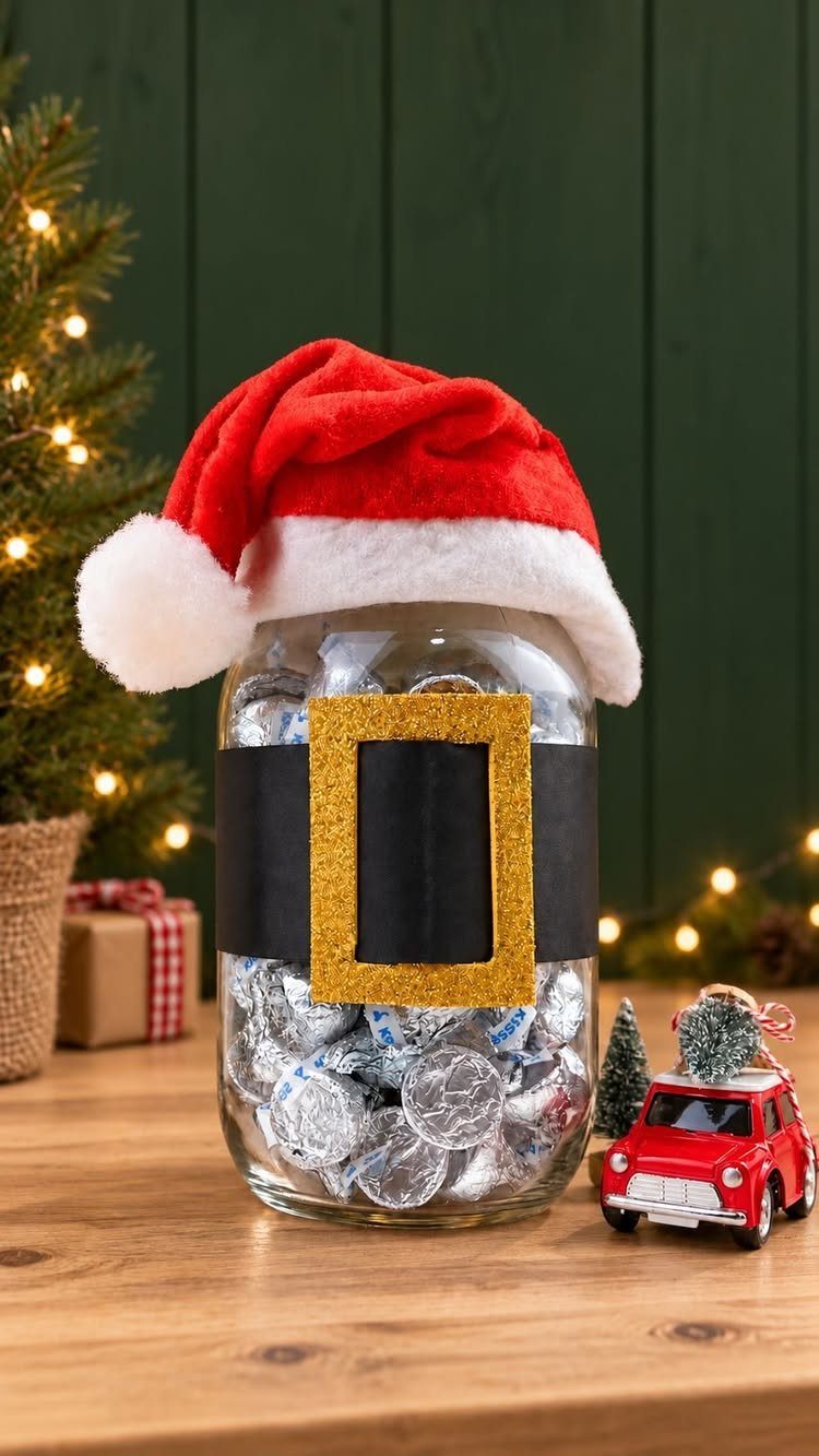Mason jar filled with silver candies decorated as Santa with a hat and belt.