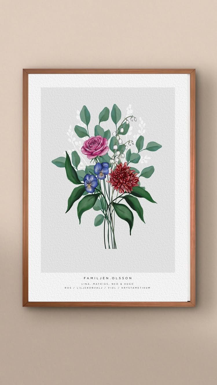 Framed botanical print of a colorful flower bouquet with personalized text below.