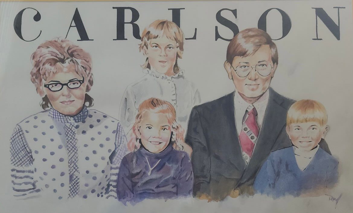 Watercolor family portrait of five people with the name Carlson written above them.