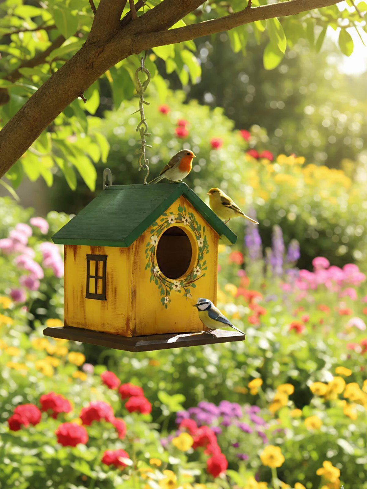 Yellow wooden birdhouse with green roof hanging in a colorful flower garden