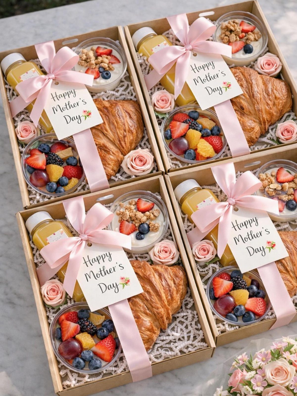 Four Mother's Day breakfast gift baskets with croissants, fruit, yogurt, and juice.