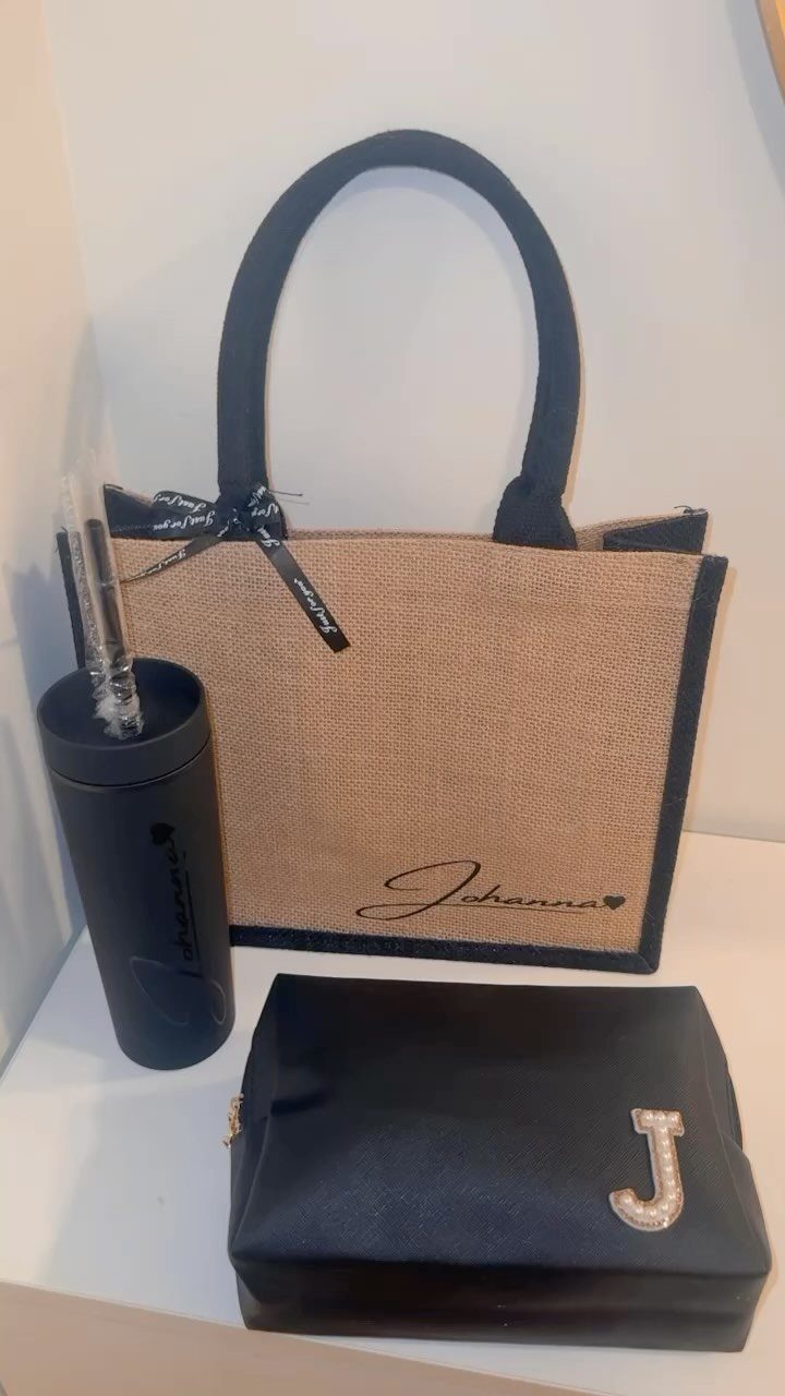 Personalized tan tote bag with name, black makeup bag with rhinestone J, and tumbler.