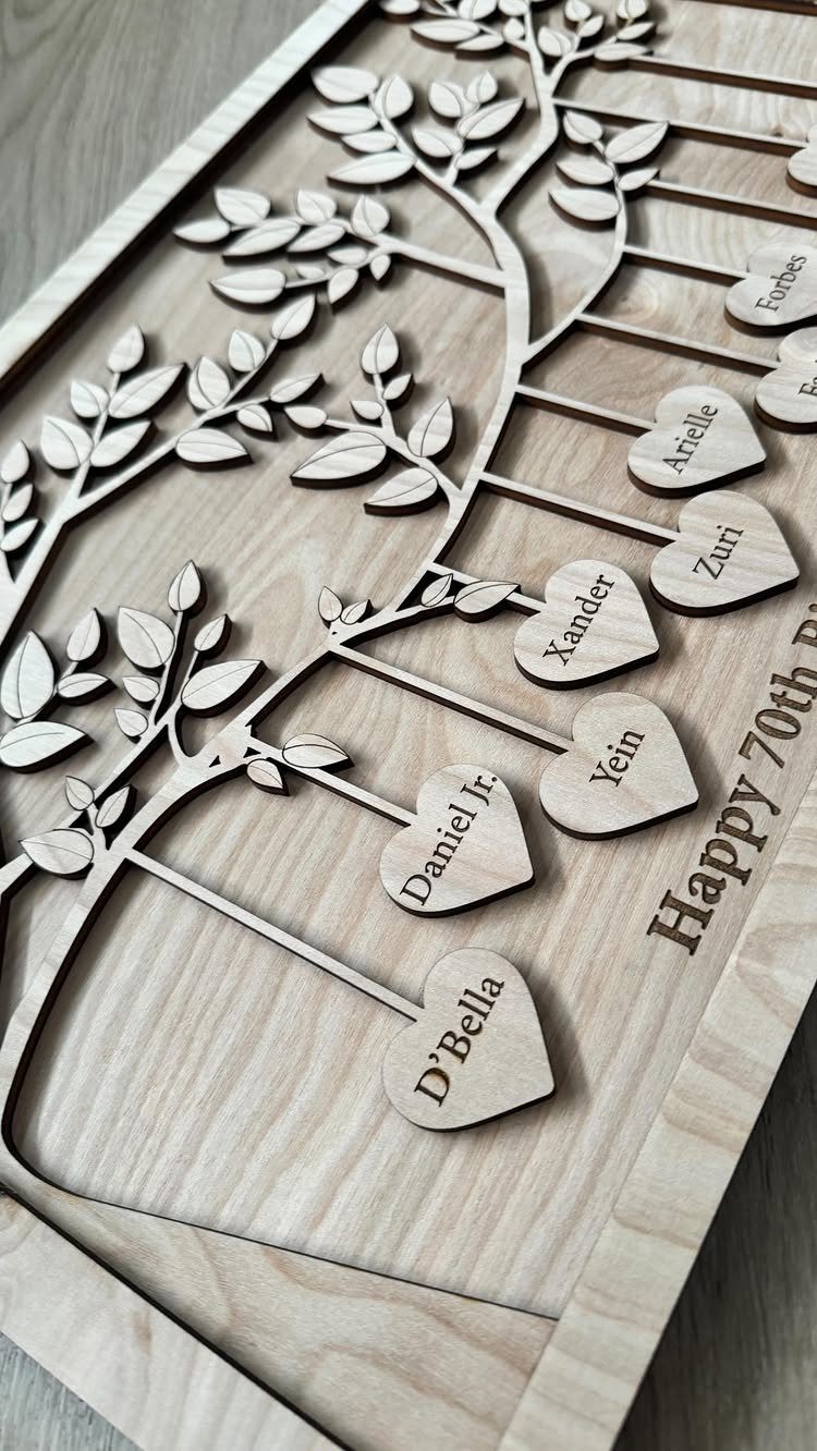 Wooden family tree plaque with heart-shaped name tags and Happy 70th engraving