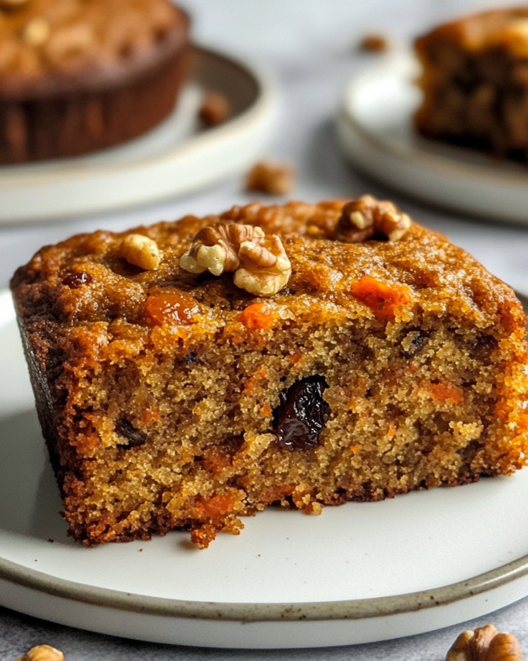Slice of carrot cake with walnuts and raisins on a white ceramic plate