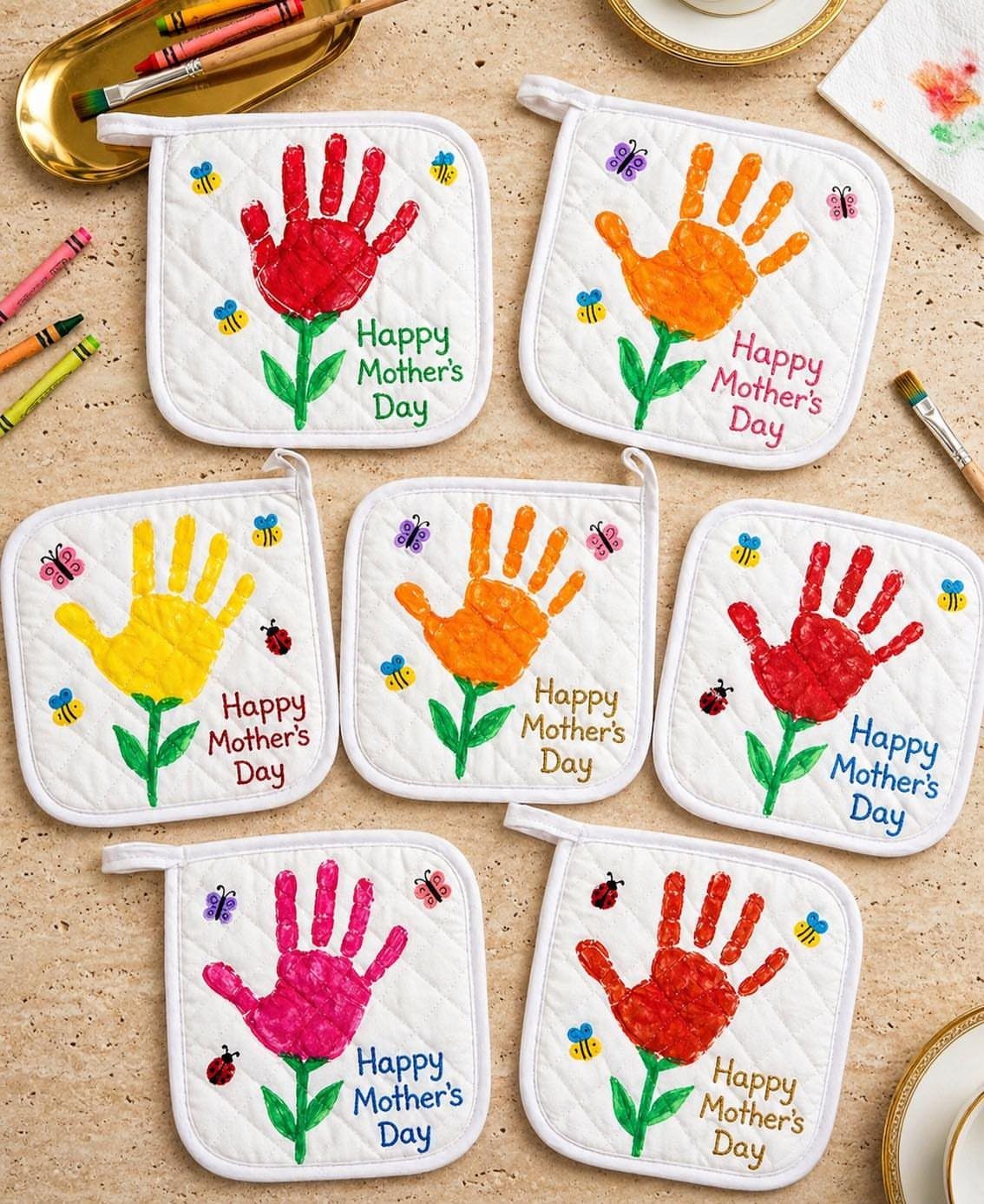 White quilted pot holders with colorful handprint flowers and Happy Mother's Day text.