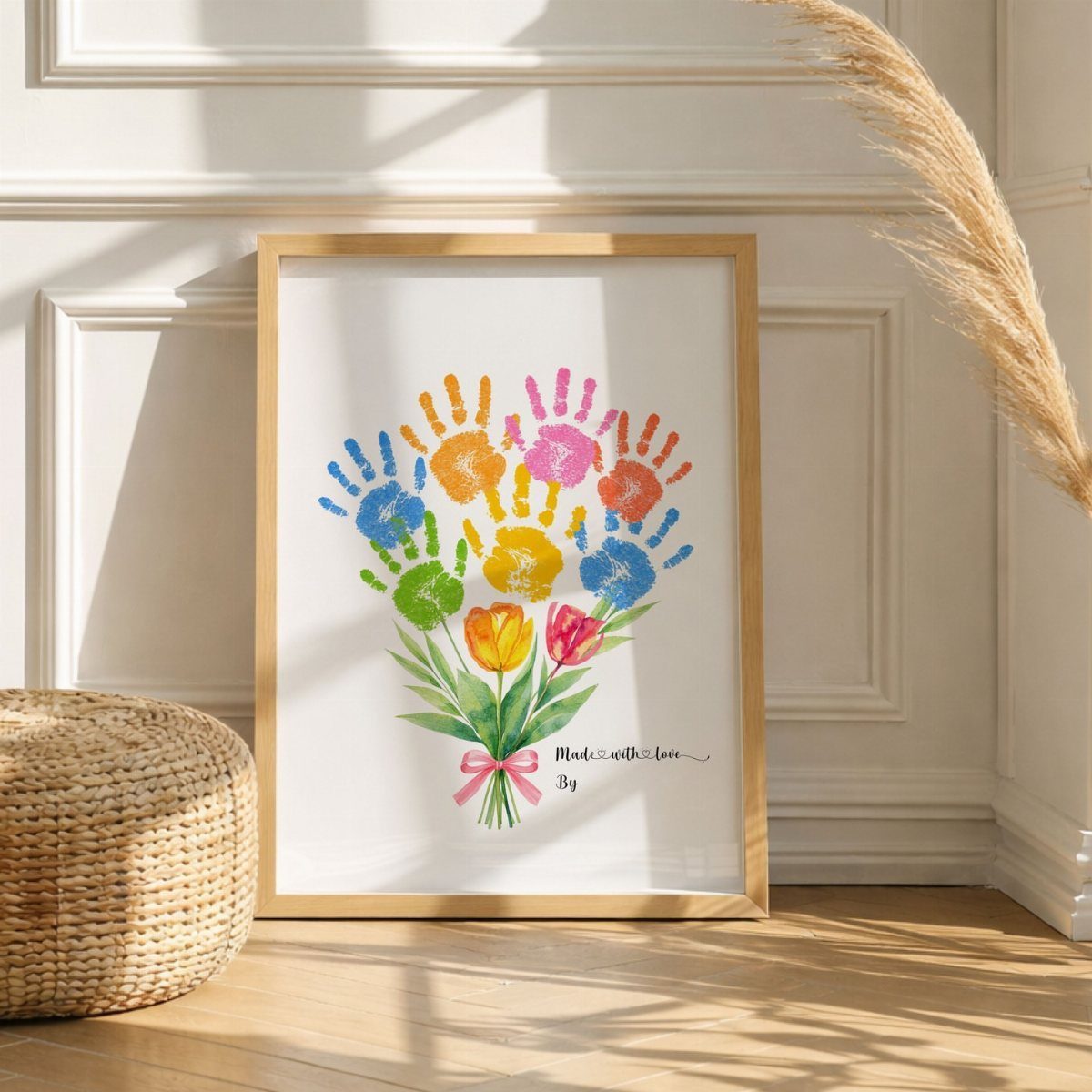 Framed artwork featuring colorful child handprints arranged as a bouquet of flowers.