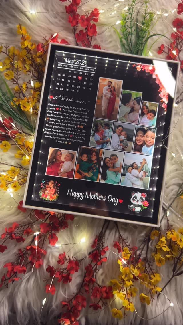 Personalized Mother's Day photo frame with family pictures and a May 2026 calendar.