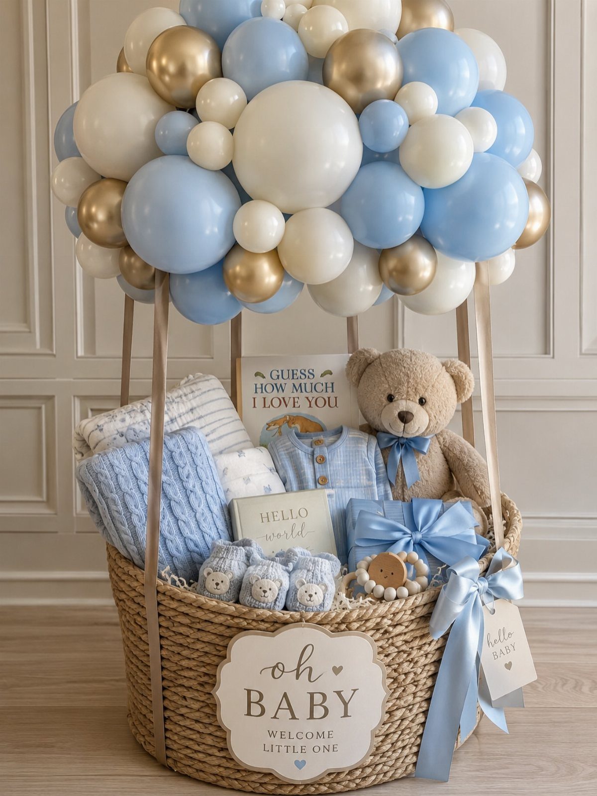 Woven gift basket with blue baby clothes and teddy bear under blue balloons