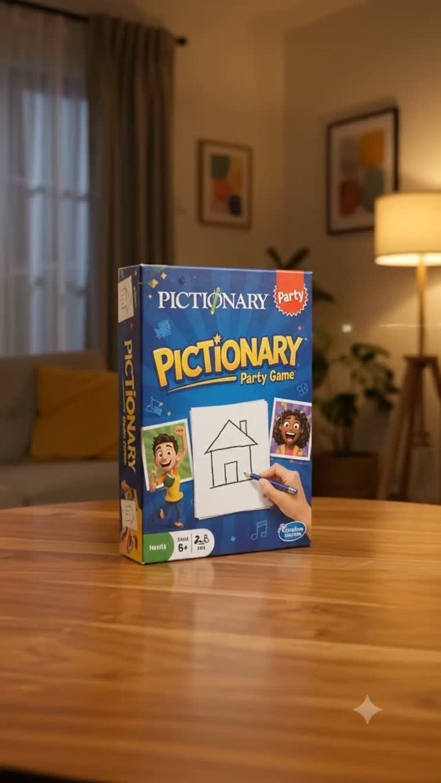 Pictionary Party Game box on a wooden table in a cozy living room
