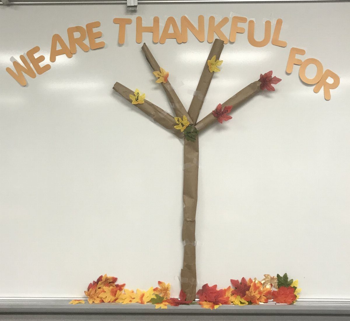 Brown paper tree on a whiteboard with autumn leaves and thankful text.