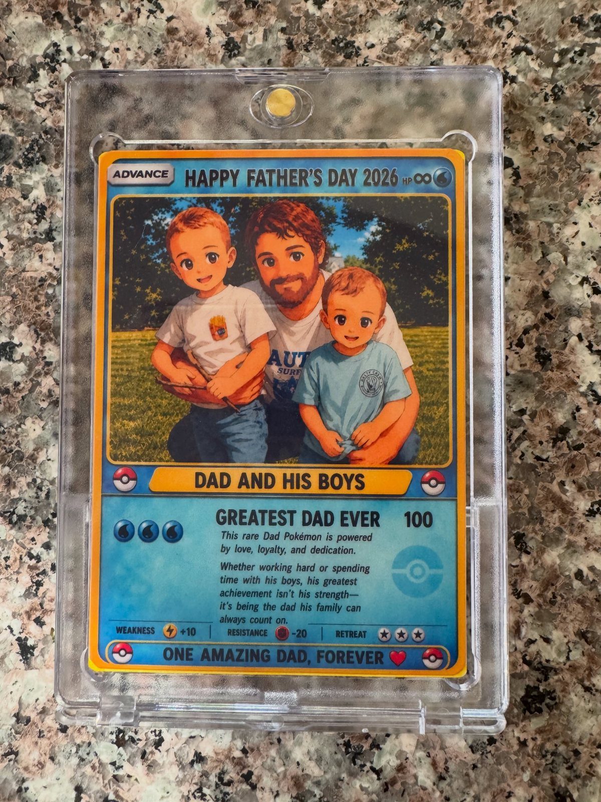 Personalized Pokemon trading card featuring a cartoon father and two sons for Father's Day.