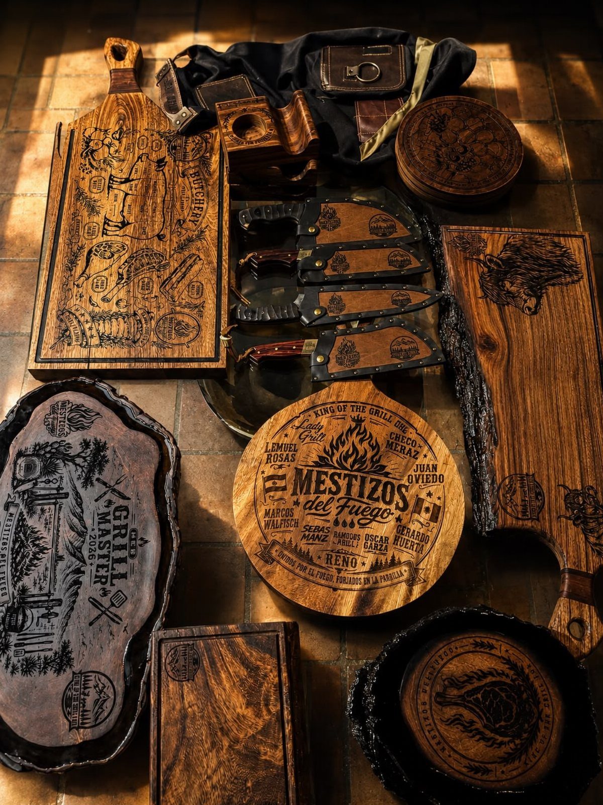 Engraved wooden grilling tools and cutting boards with custom burnt-in designs and text.