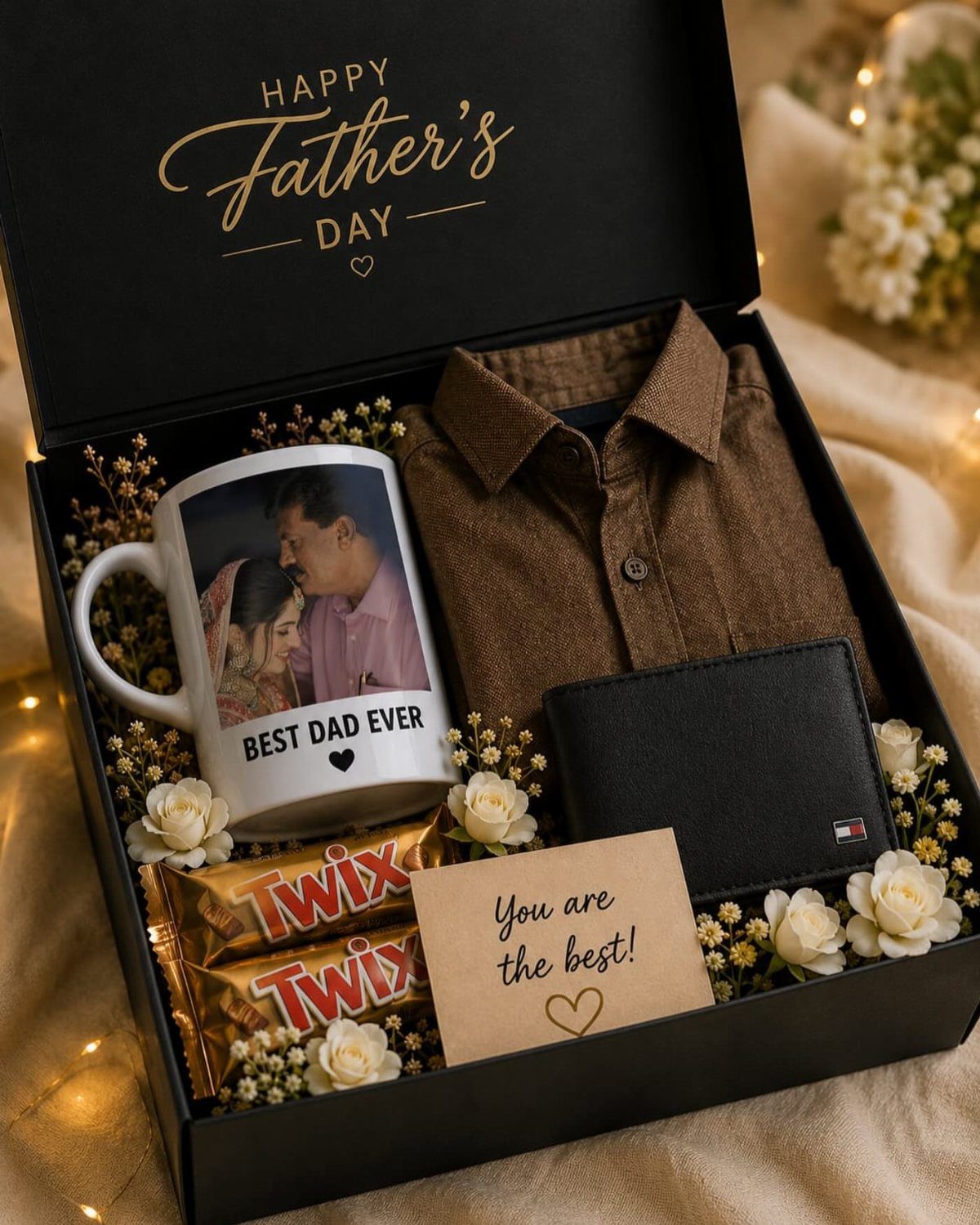 Gift box with a personalized photo mug, brown shirt, wallet, and chocolates.