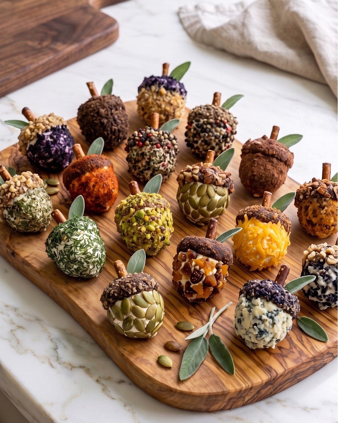 Acorn-shaped cheese balls coated in nuts and seeds on a wooden board.