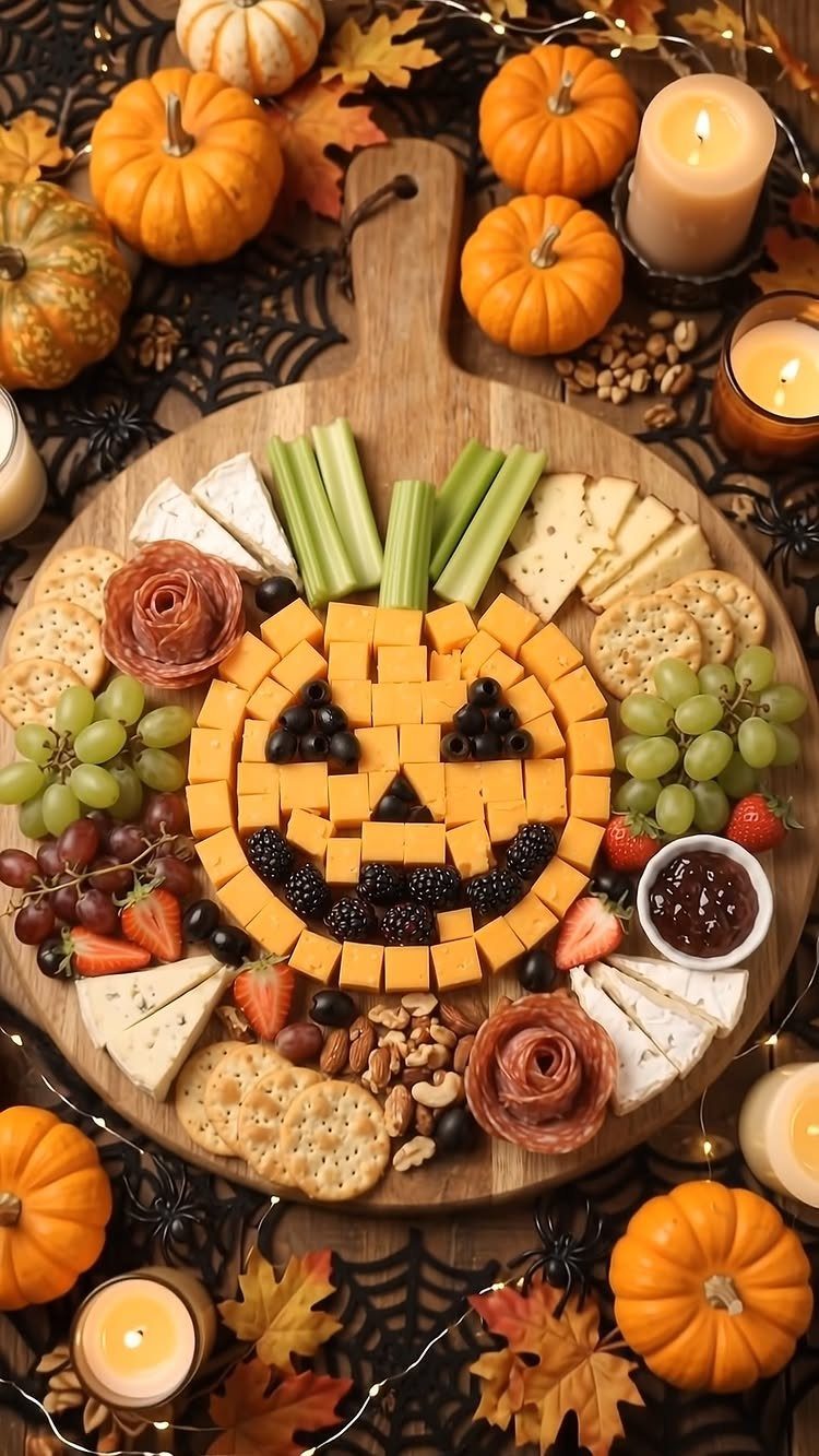 Cheese board with a pumpkin face made of cheese, surrounded by autumn fruits.