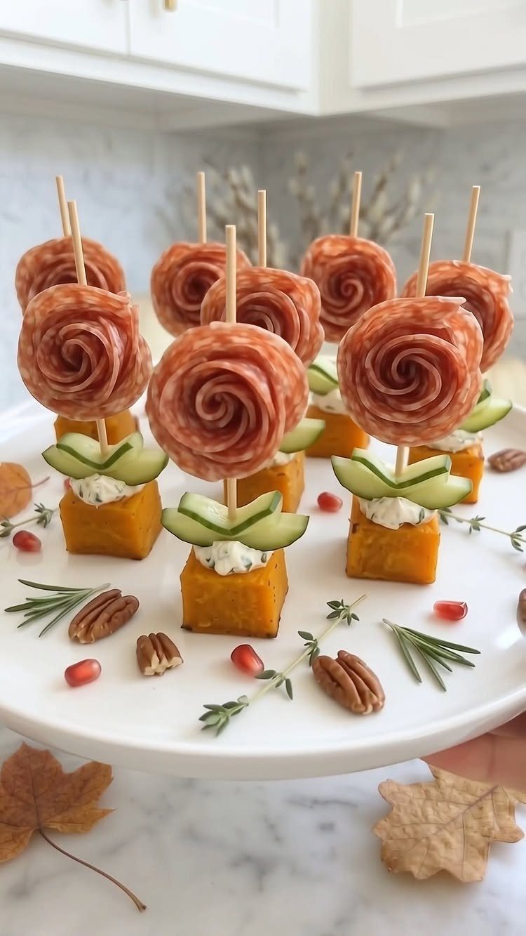 Salami rose appetizers on a white platter garnished with fresh rosemary and pecans.