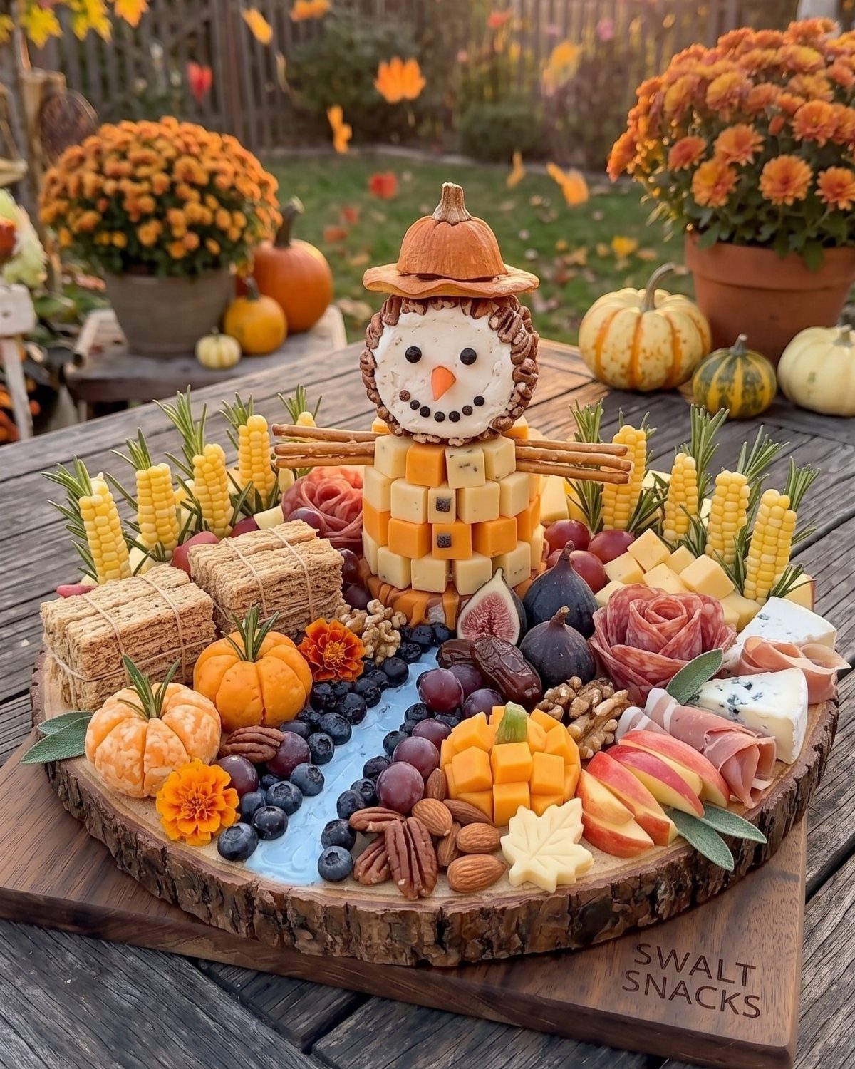 Autumn charcuterie board with a cheese scarecrow, meats, fruits, and mini pumpkins.
