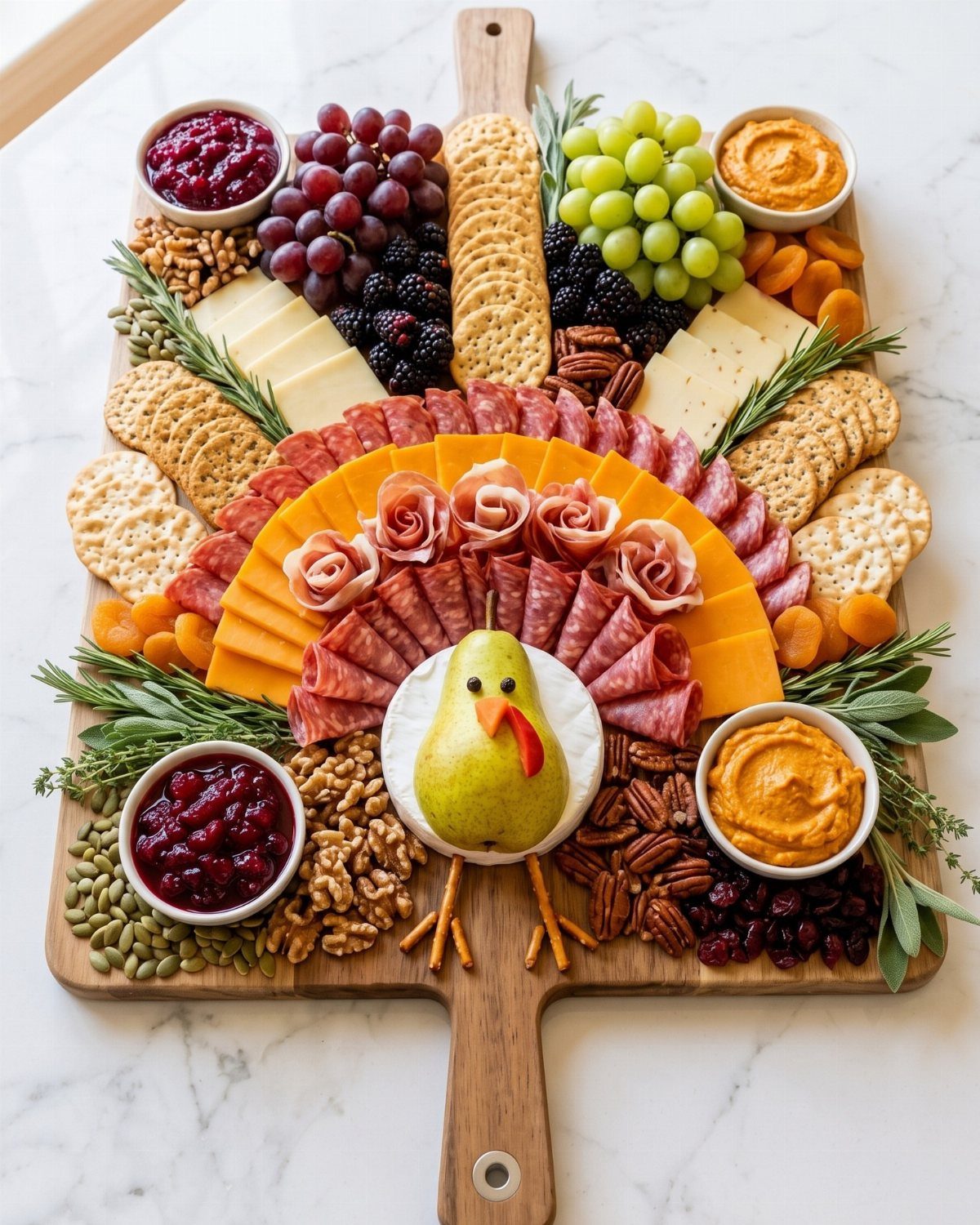 Turkey-shaped charcuterie board with a pear, meats, cheeses, fruits, and various nuts.