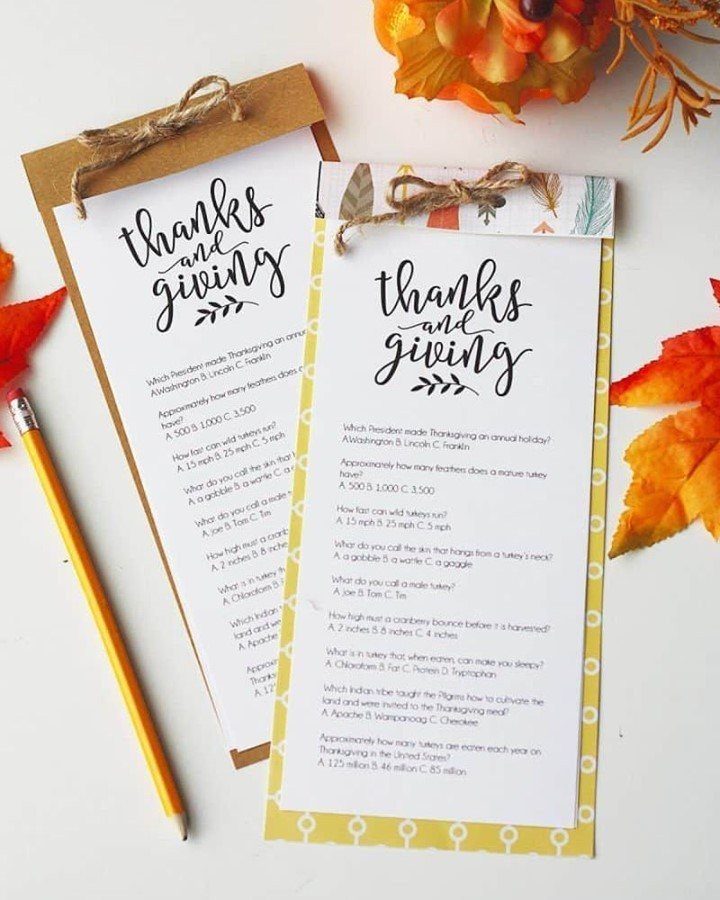 Thanksgiving trivia game sheets with a yellow pencil and autumn leaves on white.